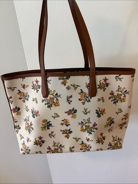 Floral Cream Tote Bag with Brown Trim
